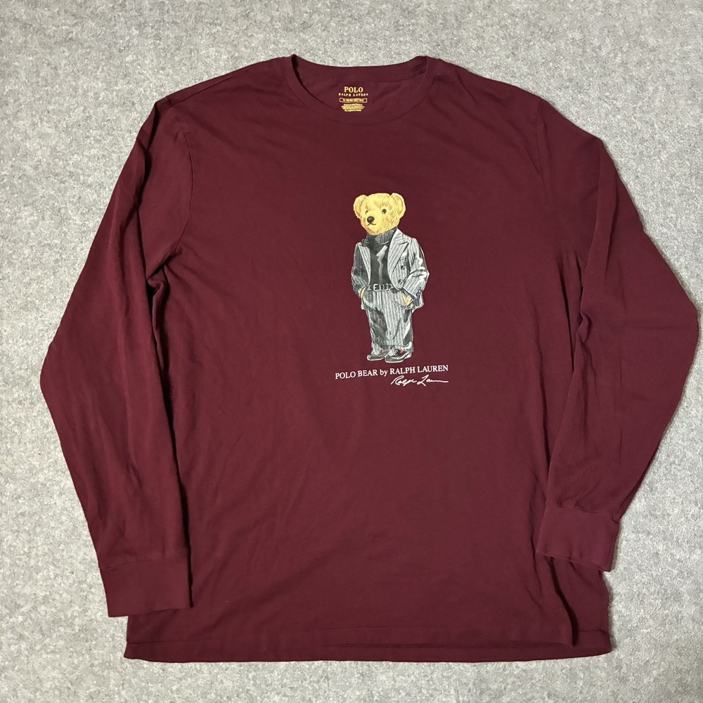 Polo Ralph Lauren Shirt Mens XL Maroon Long Sleeve Big Bear Graphic Suit Casual